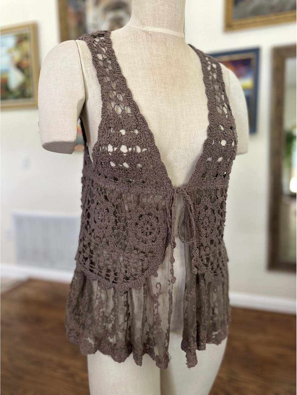 Vintage Handmade Bohemian-Style Brown Crochet and Lace Vest Top Size S/M